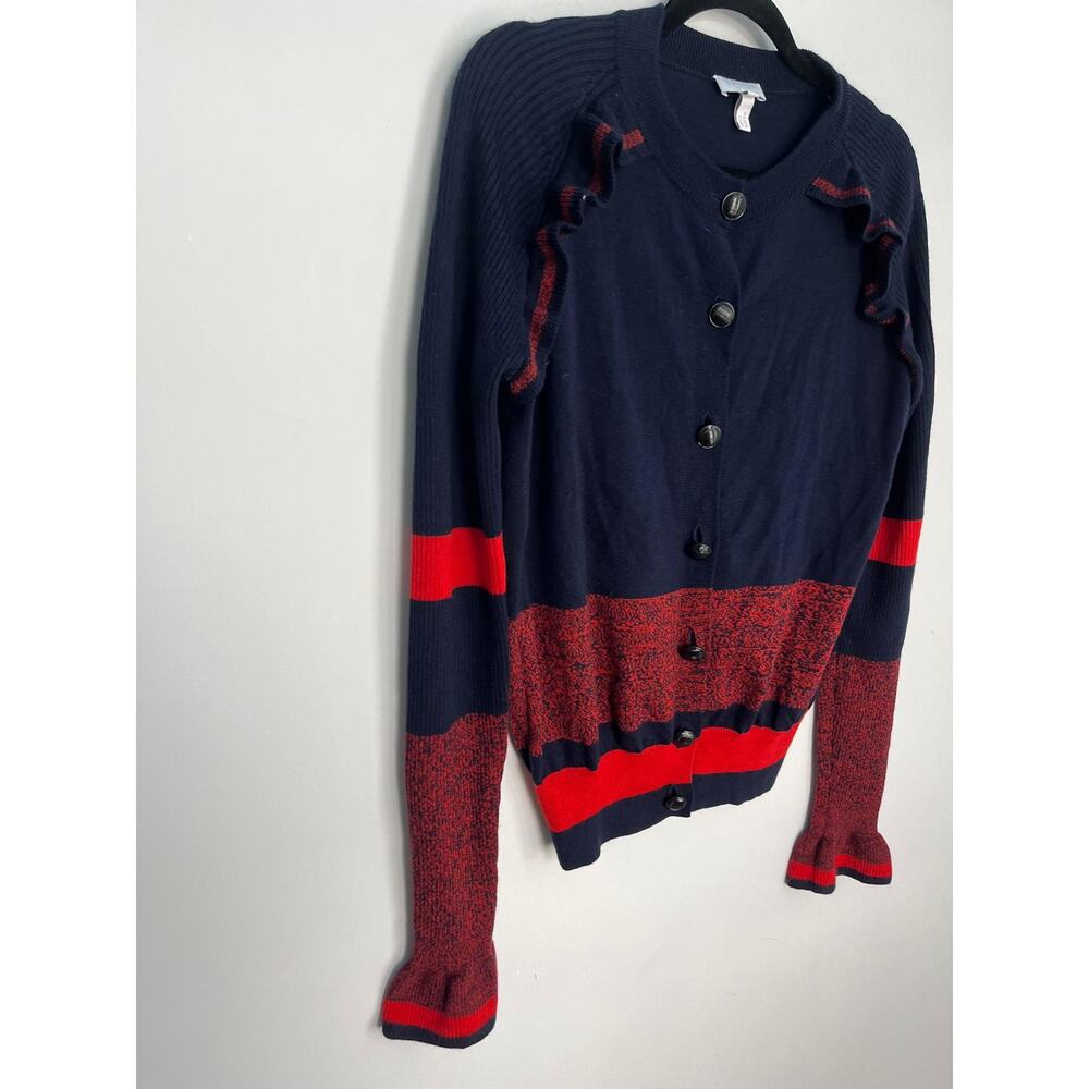 Escada Navy and Red Ruffle-Trim Button Cardigan - Picture 4 of 7